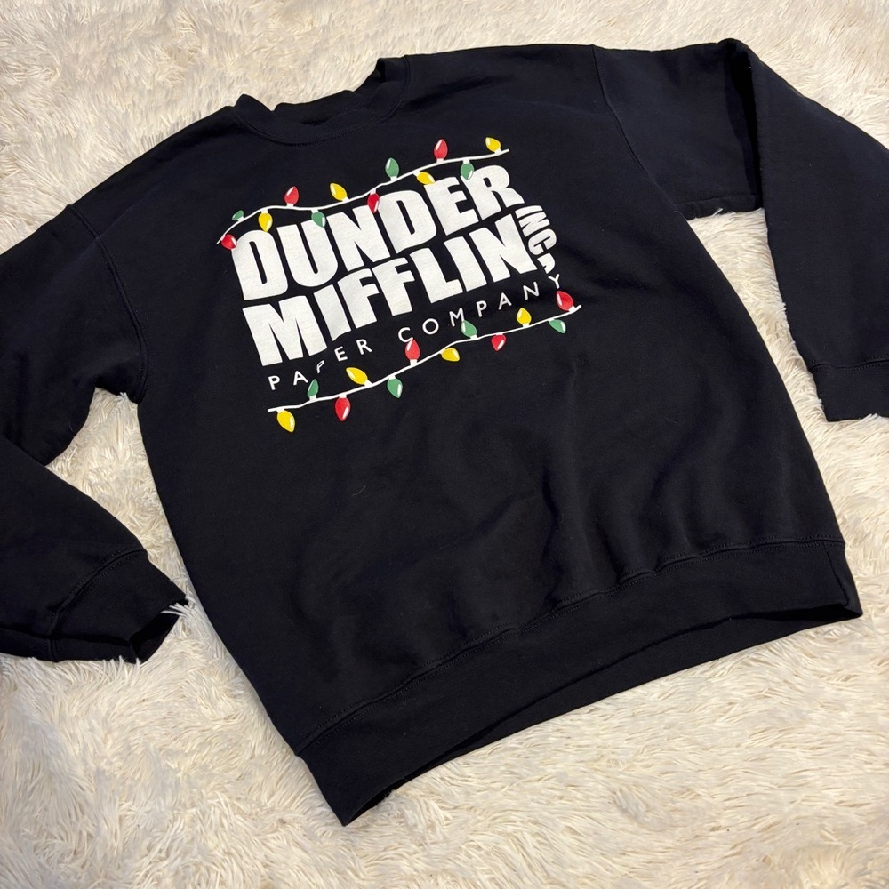 The Office Mens Graphic Sweatshirt Black - Dunder Mifflin Christmas Lights Med
